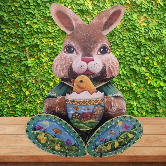 Indoor/Outdoor Easter Bunny Wood Statue w/ stand in Multicolor - Picture 2 of 3